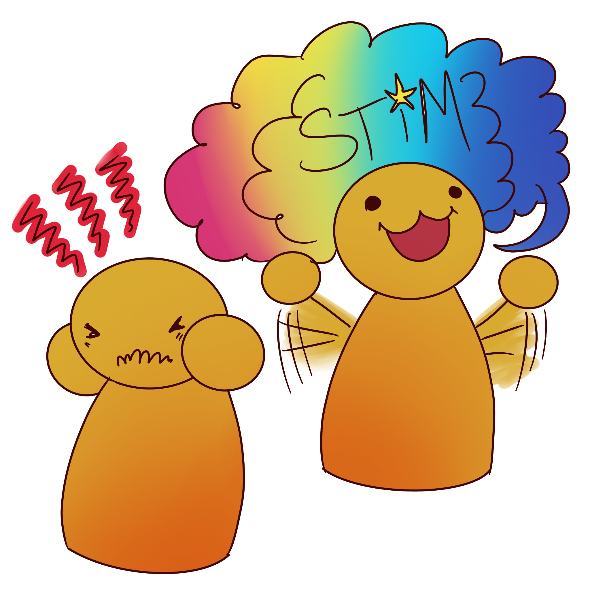  two yellow figures. one has its hands over its ears and the other excitedly flaps its hands and a rainbow speech cloud hovers over it labeled STIM.